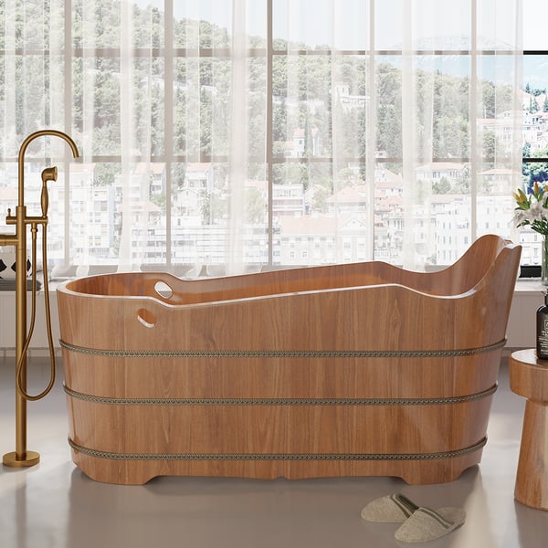 SAUNAONES™ Oak Wood Soaking Bathtub Freestanding Modern Natural Bathtub